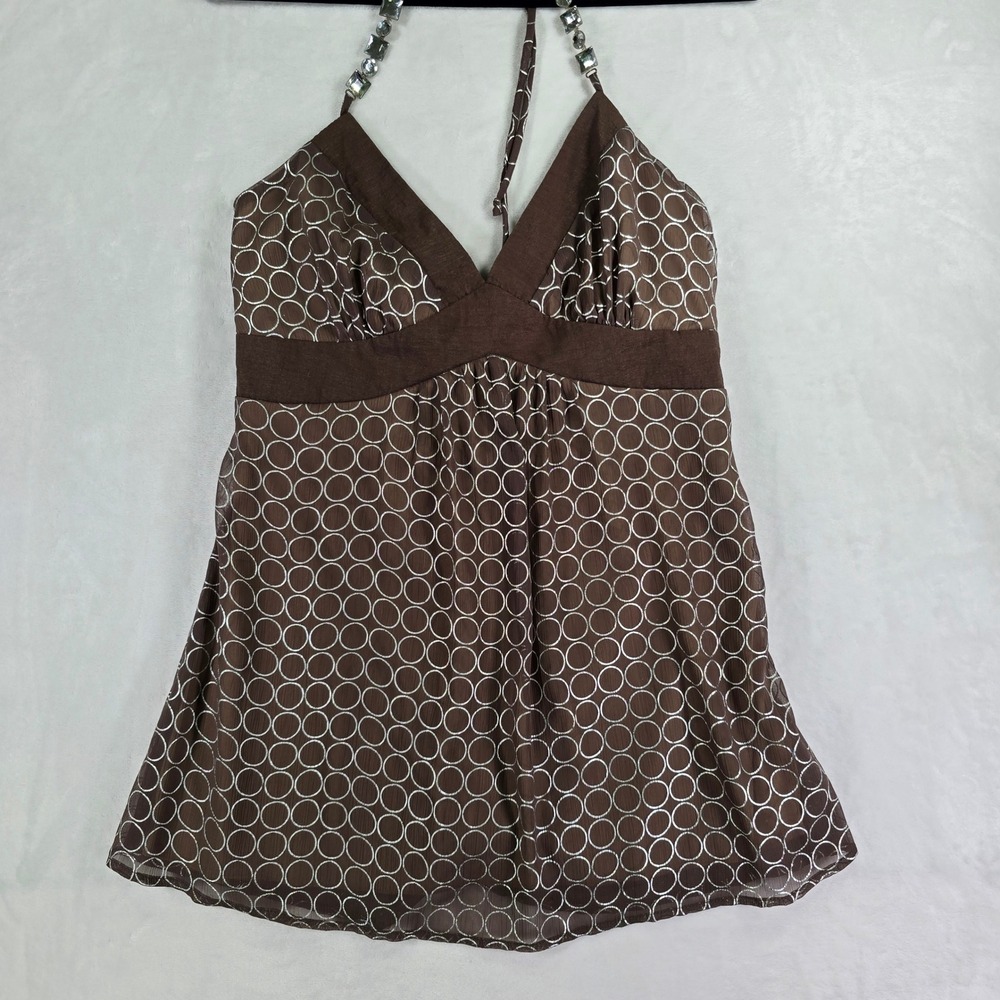Avenue of the Stars Y2K Halter Top M Brown Silver Metallic Beaded Rhinestone